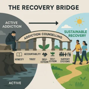 Addiction counselling as a bridge from active addiction to sustainable recovery, highlighting key principles like honesty, accountability, and support systems.