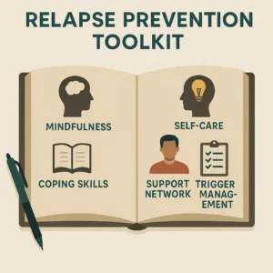 Illustration of a relapse prevention toolkit showing coping skills: trigger identification, mindfulness, support network, routine, boundaries, and education.