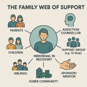 Diagram illustrating the family web of support in addiction recovery, showing the individual surrounded by family members, counsellors, support groups, and a sponsor.